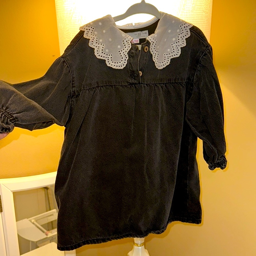 Zara 2-3 years black denim jean dress with eyelet scallop collar